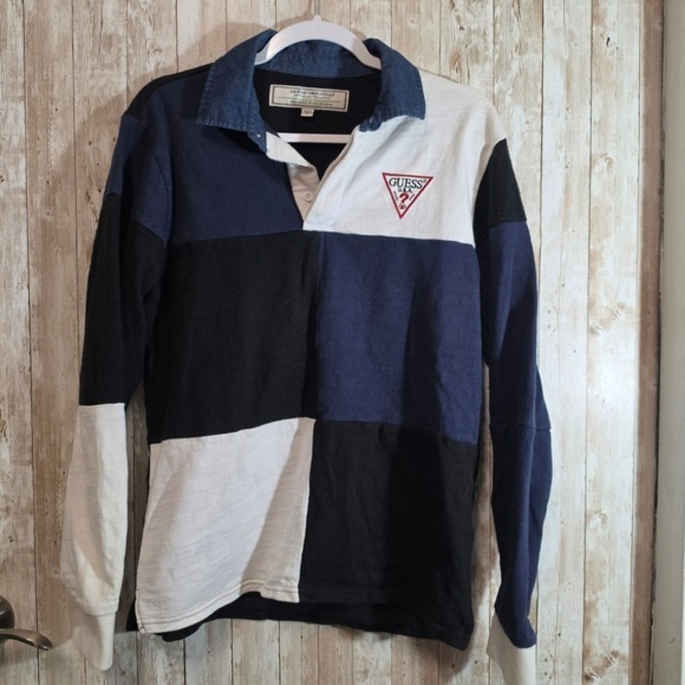 Guess Rugby Shirt Mens Small Multi Excellent Colorblock Long Sleeve Logo